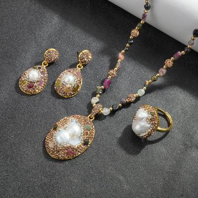 Natürliche Barock Süßwasser Spezialform Perlenohrringe Schmuckset Damen Eingelegte Turmal Pulloverkette Schmuck Dreiteiliges Set