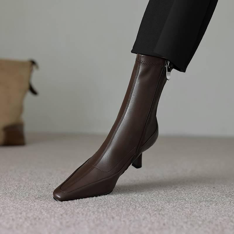 New Solid Color Versatile Martin Boots Rubber Sole High Heel Pointed Large Size Leather Boots Autumn and Winter Fine Heel Zipper Medium Boots