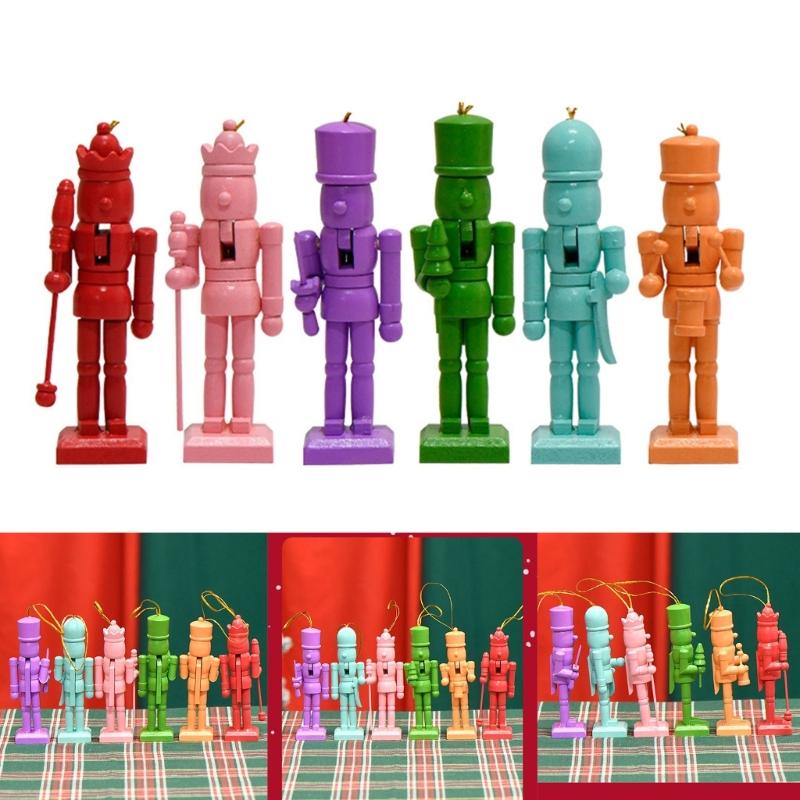 Set of 6 Traditional Colorful Wood Nutcrackers Soldiers Figurine Christmas Tree Hanging Pendants Decoration Festival