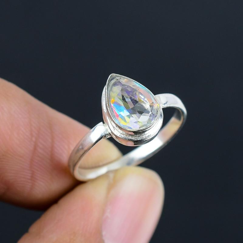 White Crystal Cabochon Hand Crafted Stone Fine Polished 925 Sterling Silver Ring with Unique Design Gift Wedding Engagement