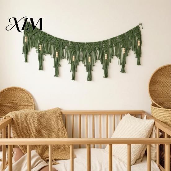 Textured Wall Decor Boho Garland Hanging with Wooden Beads, Hand Woven Cotton Tassel Banner, Knotted Tapestry Nordic Window Tapestry, Bohemian