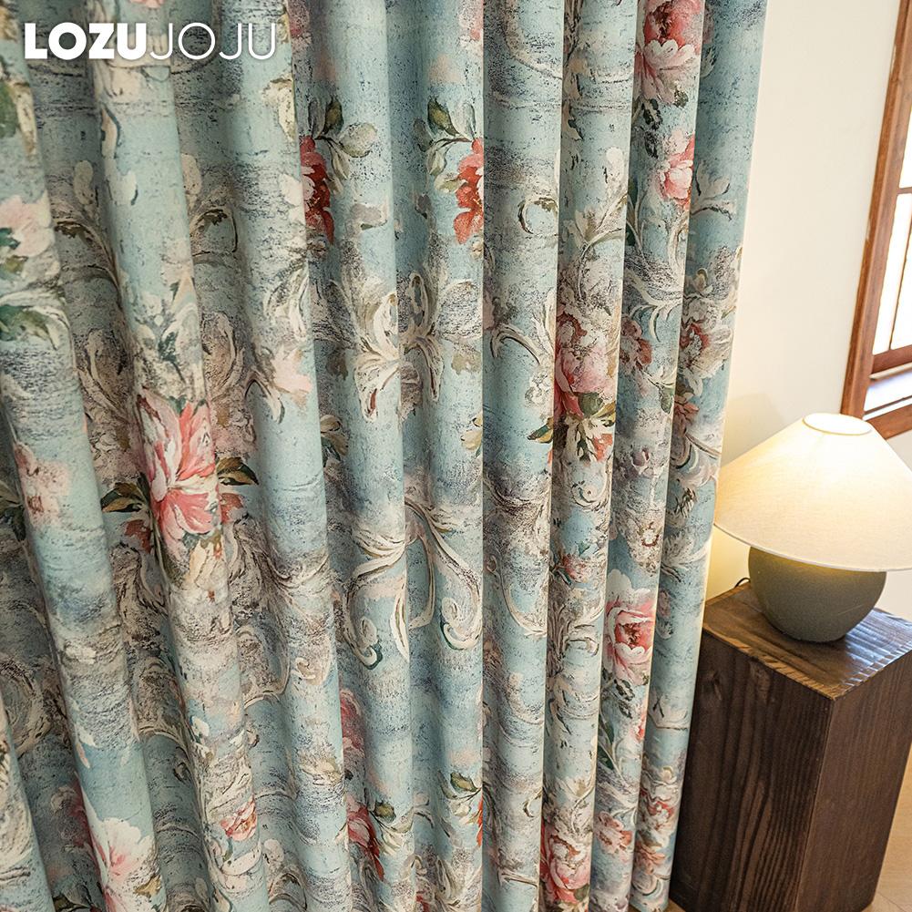 1PC LOZUJOJU French Idyllic Style Blackout Curtains Blue Bottom Peony Print Curtains Thick Curtains for Bedroom Living Room Window for Home Decor