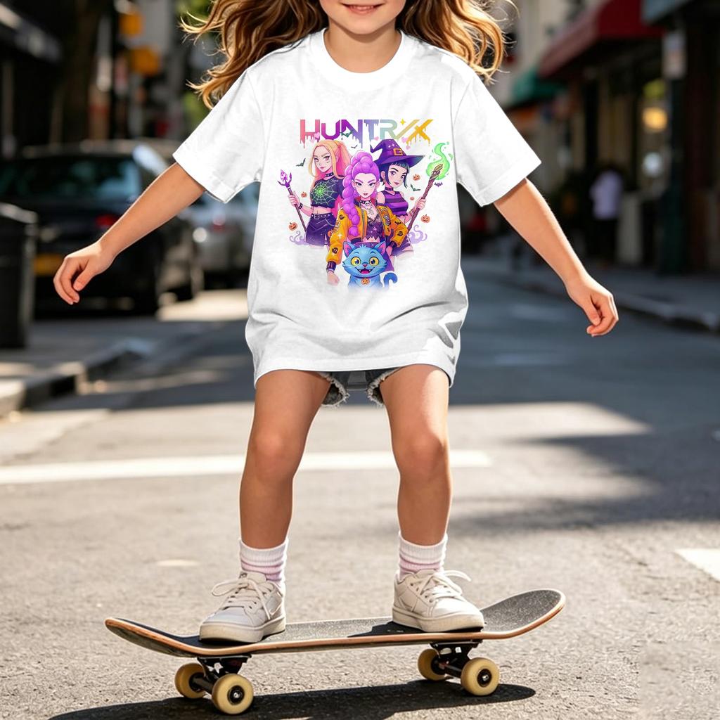 Girls Loose Fit Short Sleeve T Shirt Halloween Inspired Demon Hunter Print Casual Comfortable Top for Kids