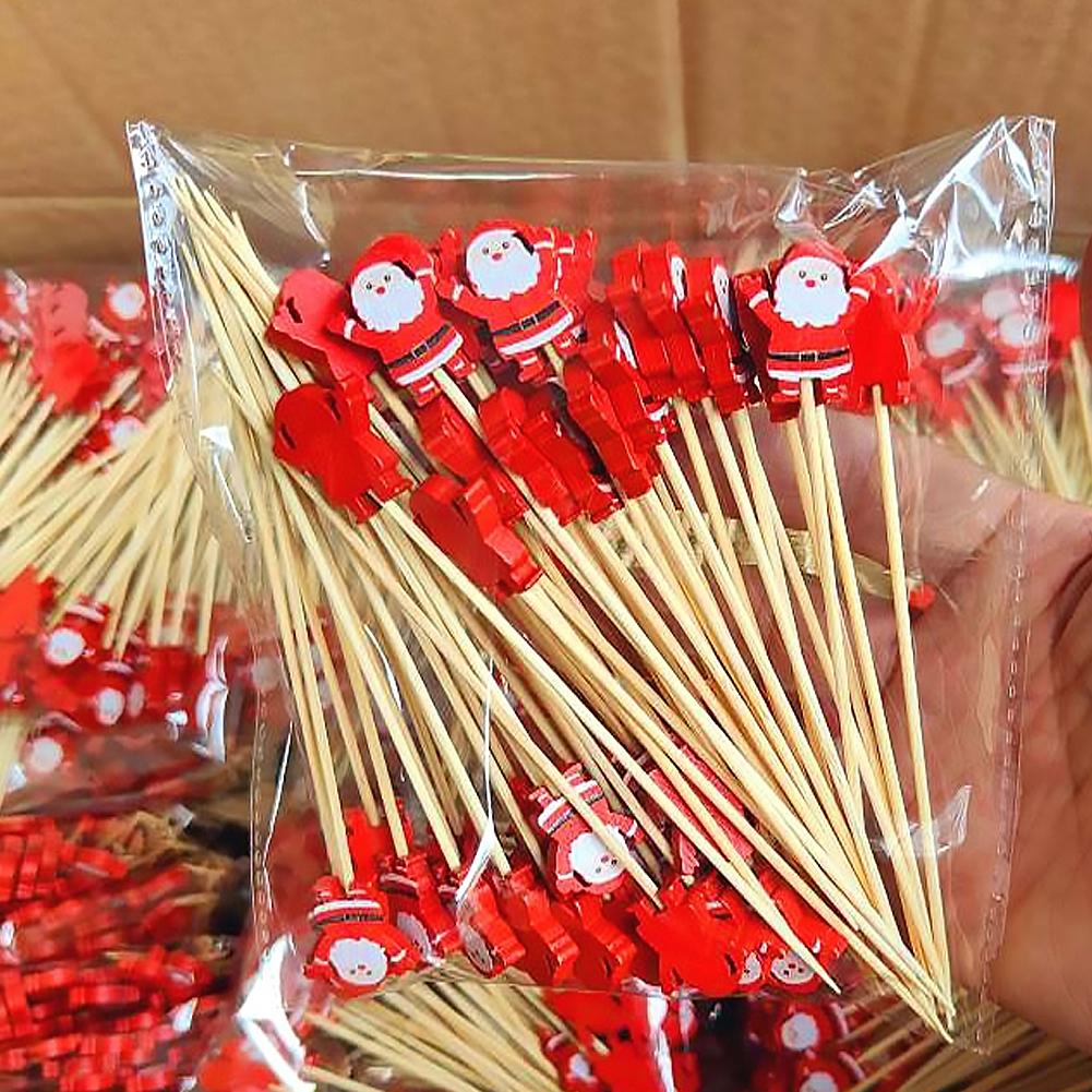 50pcs Christmas Fruit Food Sticks Santa Claus Snowflake Snowman Cocktail Toothpick Cupcake Topper Christmas Party Decoration