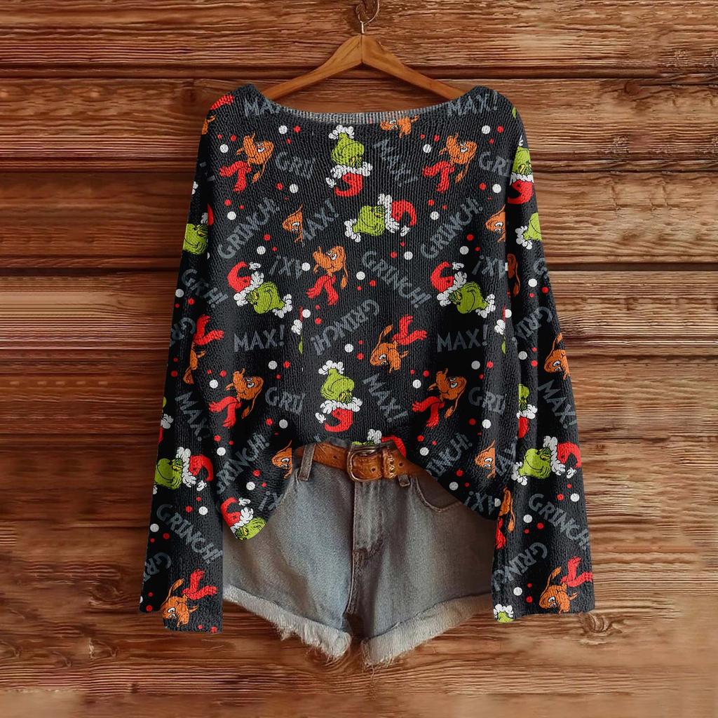 Women's Fashion Long Sleeve Christmas Print Knitted Long Sleeve Lined Long Sleeve