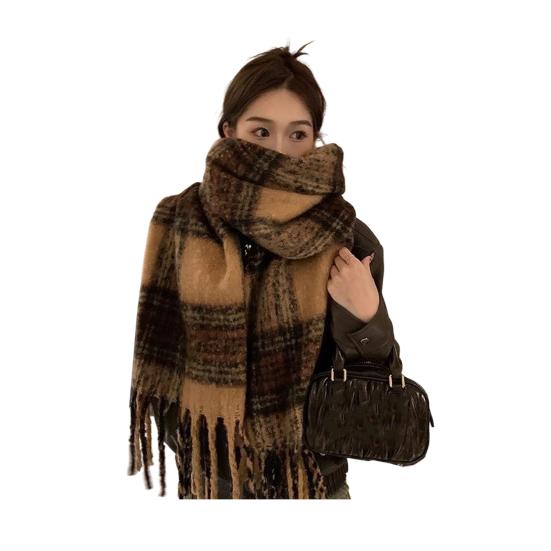 Winter Scarf Cashmere Feel Plush Scarf with Tassel Decoration Thickened Warm Plaid Pattern Winter Long Scarf