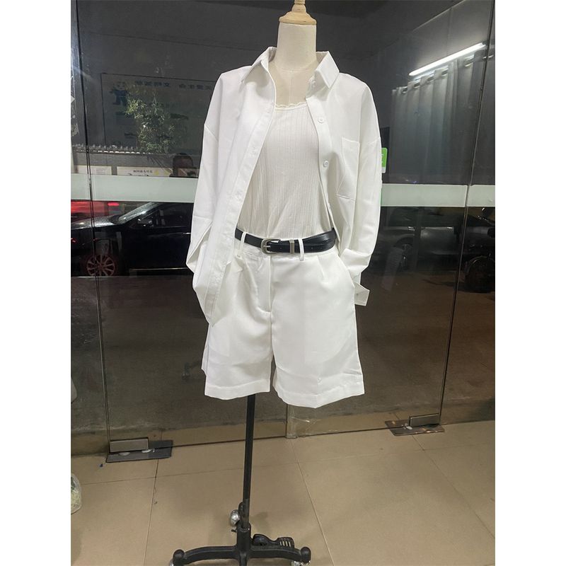 

Shirt and Shorts Set European and American Women clothes New Fashion Casual Long sleeve Shirts Belt Shorts Set White (belt) XXL