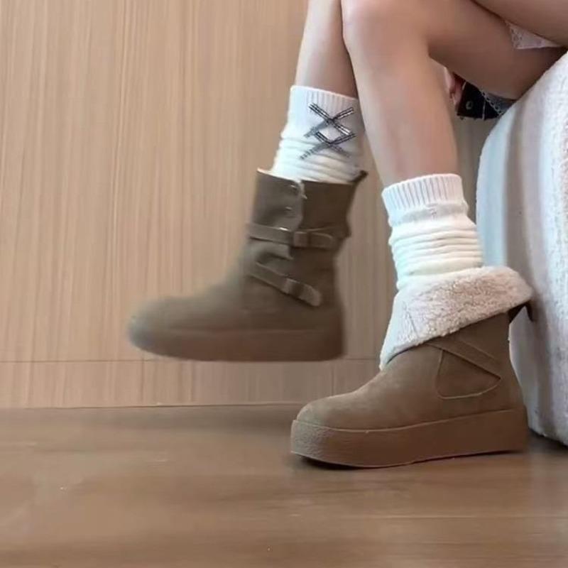 Winter Thick-soled Outer Wear Velvet Snow Boots Women's Belt Buckle Non-slip Two Wear Heightening Western Boots Lightweight Cotton Boots