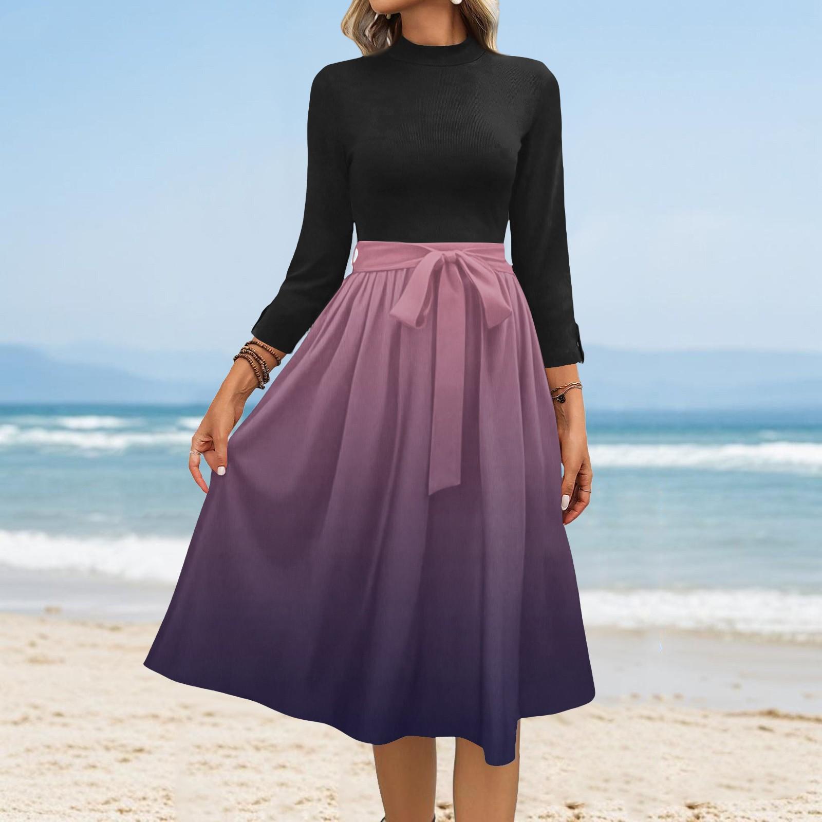 Women s Fashion Casual Belt Seven Sleeve Round Neck Gradient Temperament Dresses XL