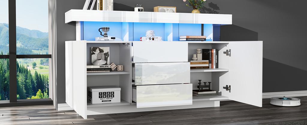 140 x 35 x 80 cm Modernes Hochglanz Acryl Sideboard mit 16-farbigem LED-Streifen, Kaffeebar, Geeignet für Esszimmer, Küche, Flur (Weiß)