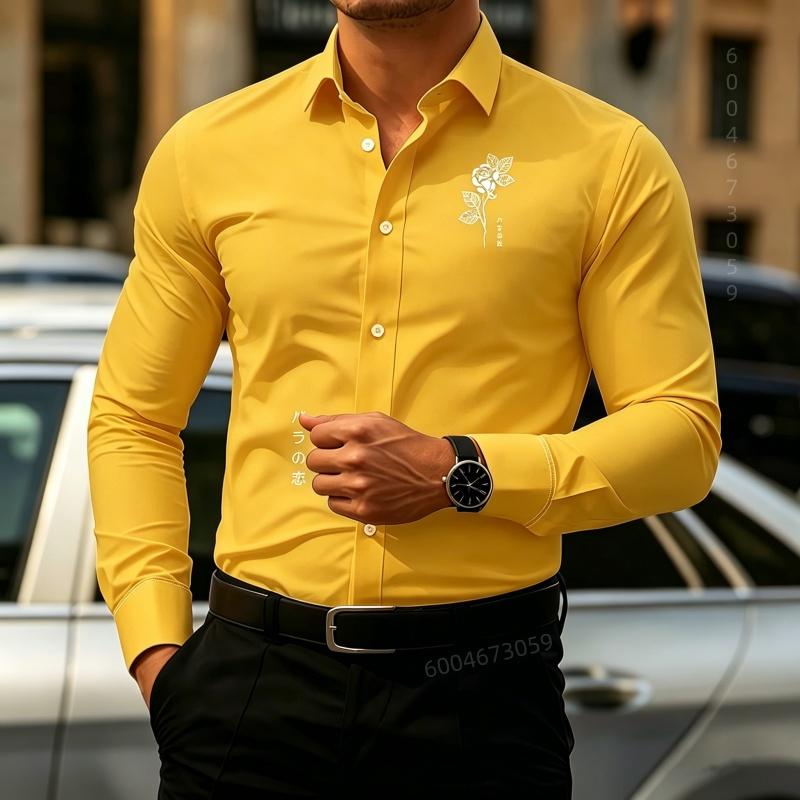 Men's Shirt Collar Long Sleeved Shirt Rose Print Design Simple Slim Fit Single Breasted Men's Top