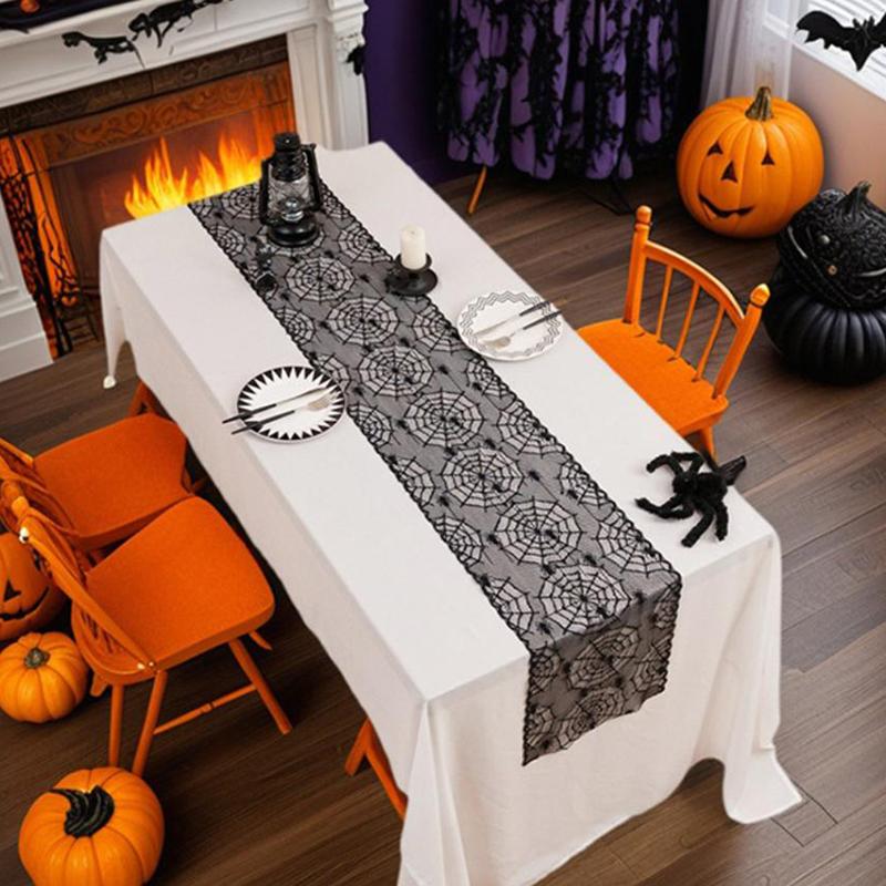 Halloween Black Lace Table Runner Halloween Table Decoration Skull Soft Table Runner Holiday Party Decoration Table Flag