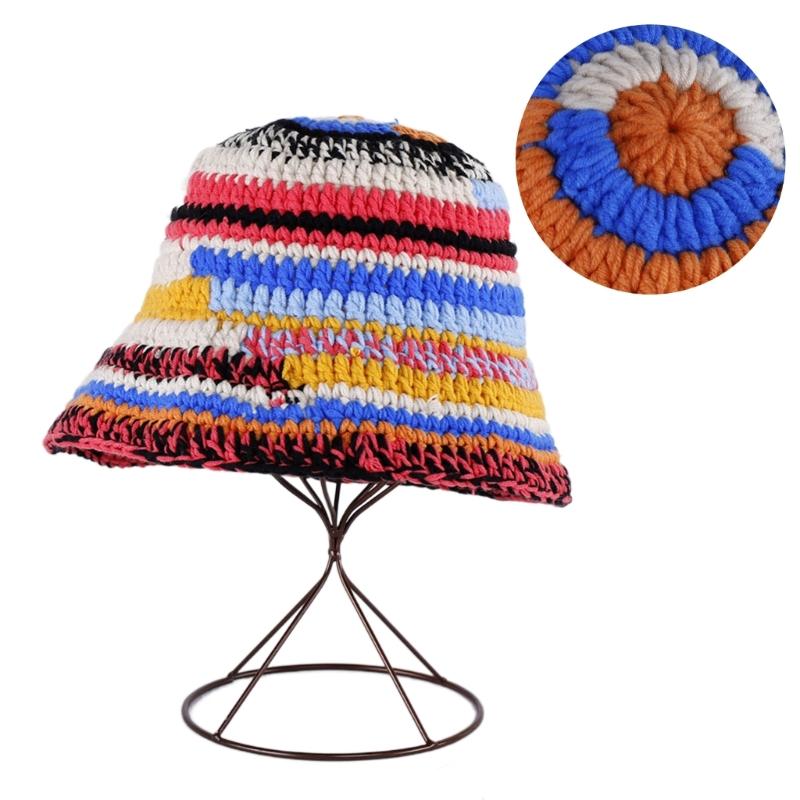 Popular Female Hat Knitting Bucket Hat Handmade Crochet Rainbow Fisherman Hat Women Girl Photo Beanie Warm Striped Cap