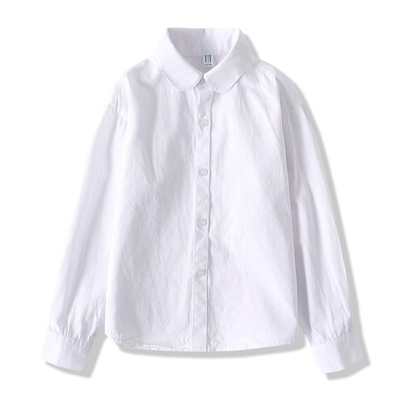 Girls' White Fleece-Lined Cotton Shirt: Long-Sleeved School Uniform for Elementary to Middle School.