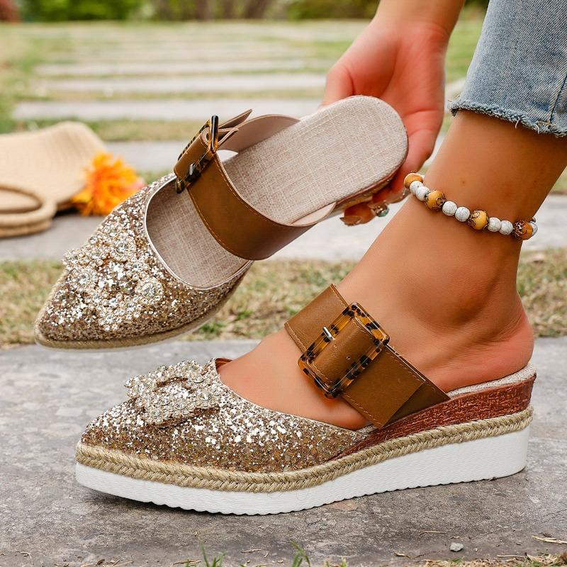 

Fashion Sequin Square Buckle Wrapped Slippers Summer New Pointed Toe Shallow Mouth Lightweight Hemp Rope Wedge Flip-Flops 43