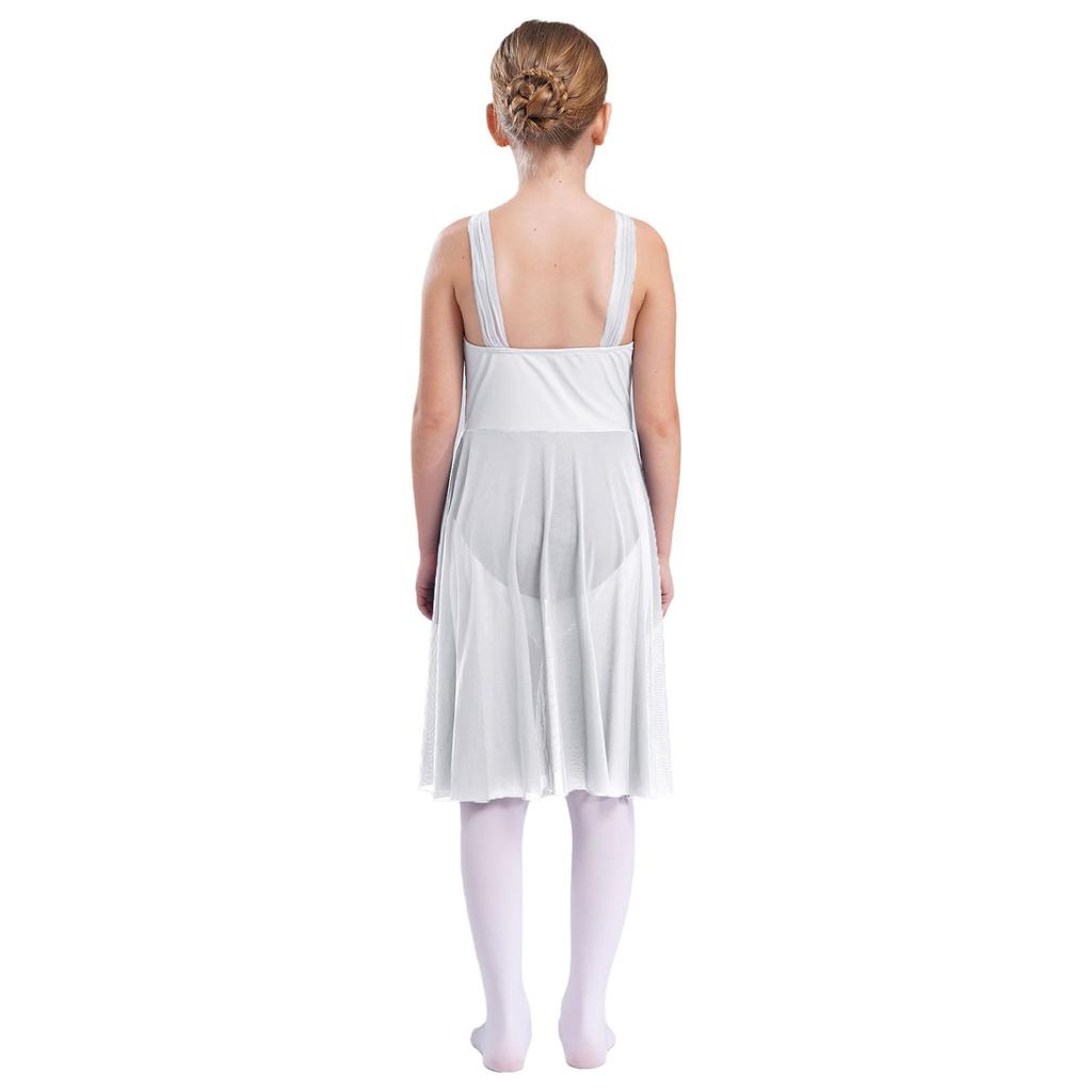 Girls Sleeveless Mesh Straps Color Contrast Leotard Dress for Lyrical Contemporary Dance Performance