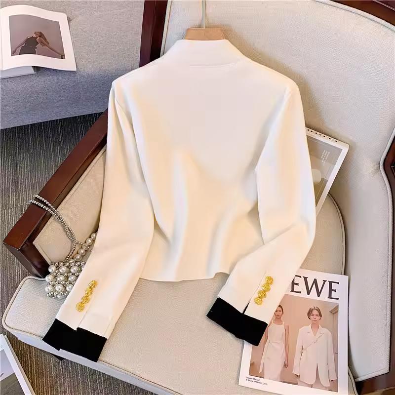 Women French Style Vintage Luxury Chic Elegant Button Knitted Cardigan Spring Autumn Black White V Neck Long Sleeve Sweater Coat