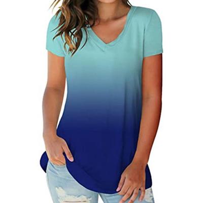 Women Gradient Color Tie Dyed Printed V Neck Short Sleeve Shirt