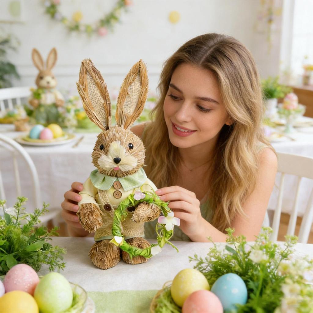 Bunny Statue Festive Straw Animal Sculpture Easter Bunny Decoration for Table Centerpiece Indoor Bedroom Desk Bookshelves