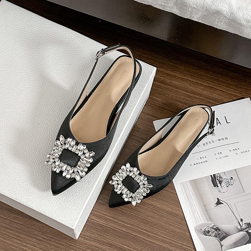 W5399-8 French pointed head shallow mouth rhinestone 2025 new one-pedal bag head sandals thick heel single shoes women's shoes