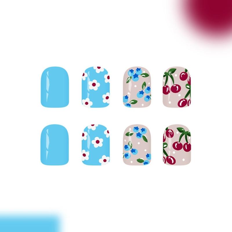 Blue White Floral Blueberry Sweet Design Square False Nail Pack of 24Pieces Artificial Nail Romance Design Easy Apply
