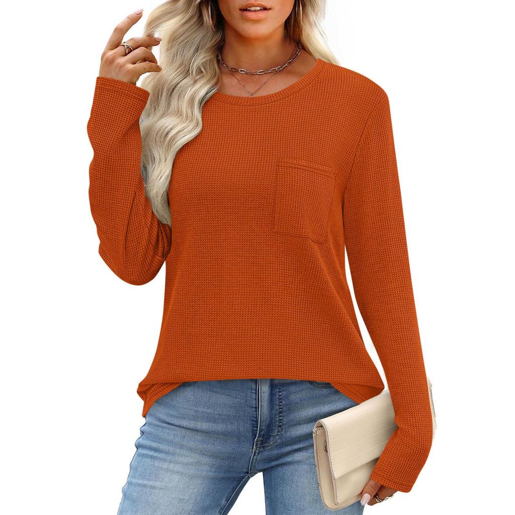 Women's European & American Style Long Sleeve Waffle Knit Top - Loose Fit Casual Pocket T-shirt