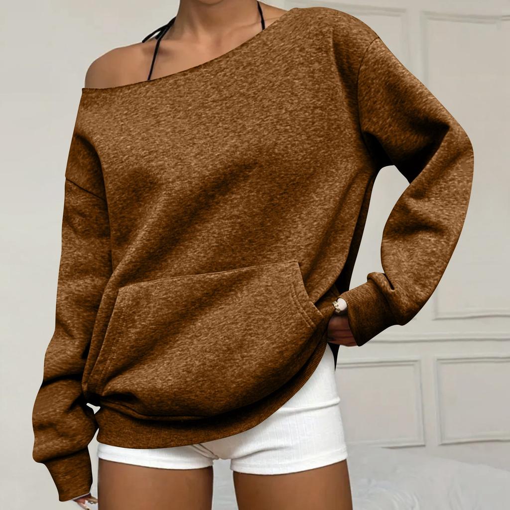 Women's Casual Fashion Solid Color Off-shoulder Long-sleeved Loose Sweatshirt With Pockets