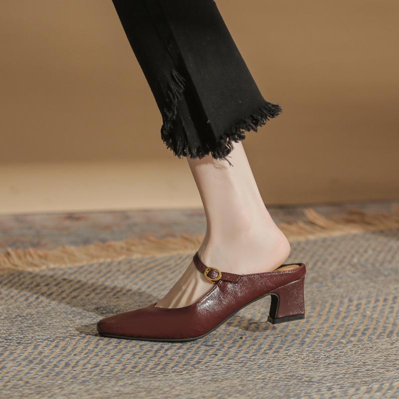 

2025 new niche bag head medium heel half slippers round head thick heel flat bottom fashion versatile lazy muller shoes single shoes 43