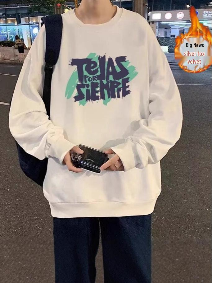 Men's Retro Silver Fox Fleece Sweatshirt - Warm, Loose, Crew Neck, Long-Sleeved, Autumn/Winter Fashion.