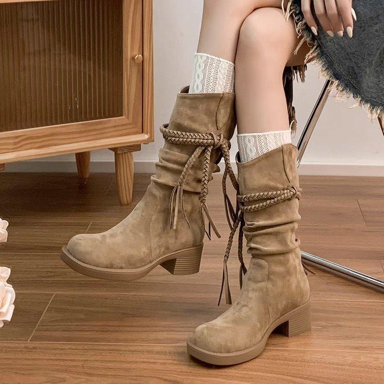 Cowhide version~ retro wasteland fringed knight boots thick heel but knee long boots slim pile medium boots women