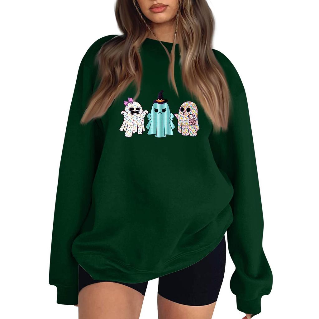 Women's Comfortable Casual Sweatshirt with Long Sleeve, Round Neck, Loose Fit, Small Halloween Print and Color Options