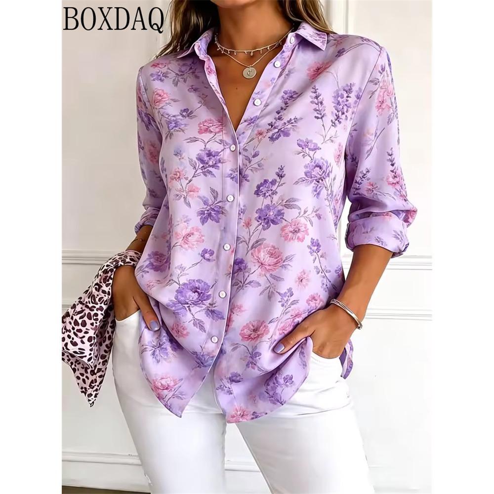 Vintage Flowers Pattern 3D Print Women Long Sleeve Shirts Autumn Women's Casual Daily Loose Button Holiday Shirt Women's Blouses