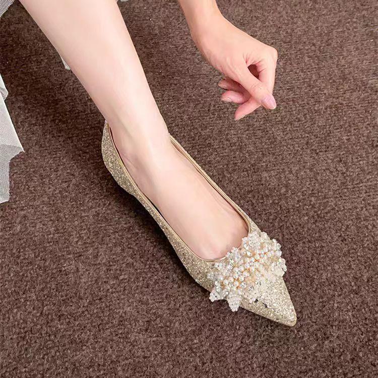 Champagnerfarbene Pailletten-Plateauschuhe mit Absatz, 2025 Nischen-Kristall-Brautschuhe, können von schwangeren Frauen getragen werden, Brautjungfern-Perlen-Hochzeit