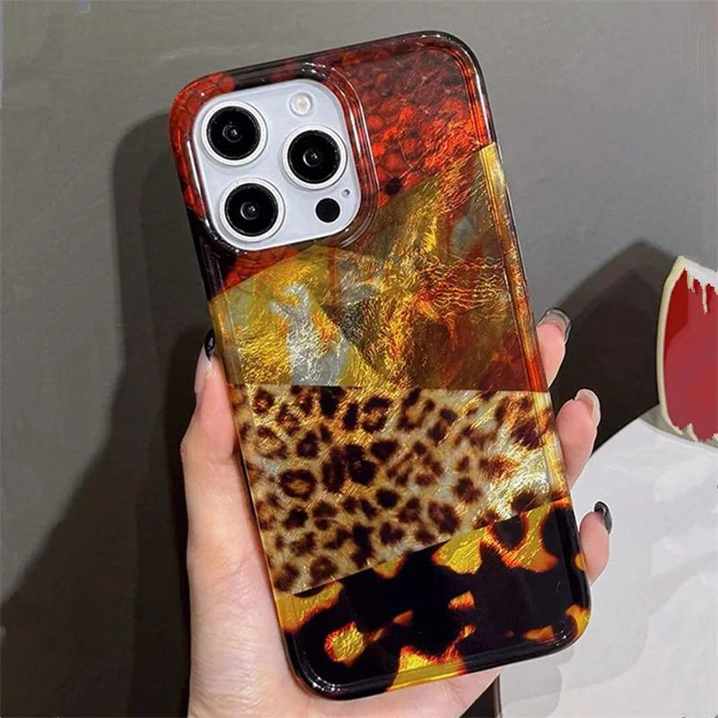 Korean Stripes Leopard Jigsaw Wave Point Print Phone Case for IPhone 16 15 14 13 11 12 Pro Max Plus Patchwork Vortex Cover Funda