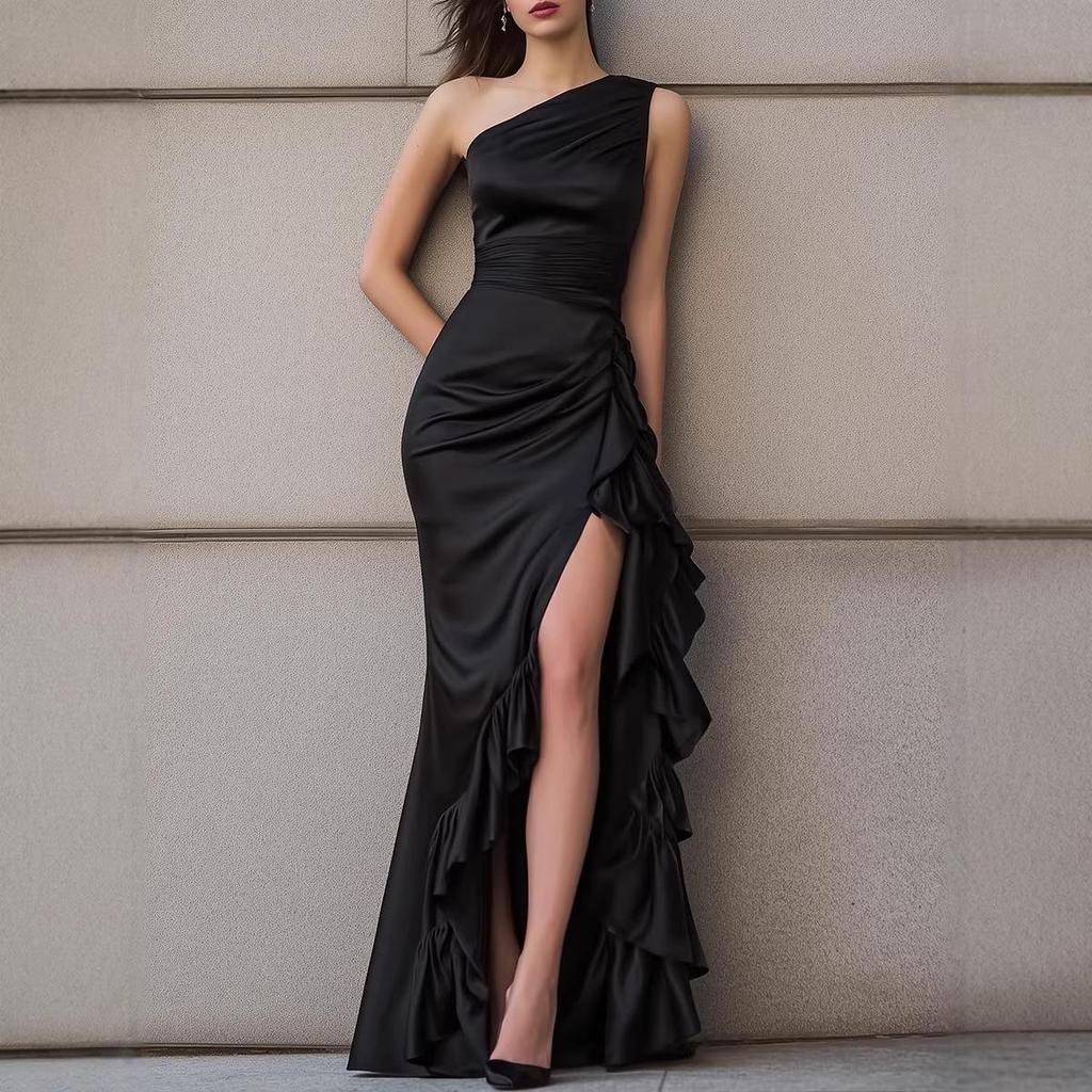 European & American One-Shoulder Satin Evening Gown with Layered Ruffles