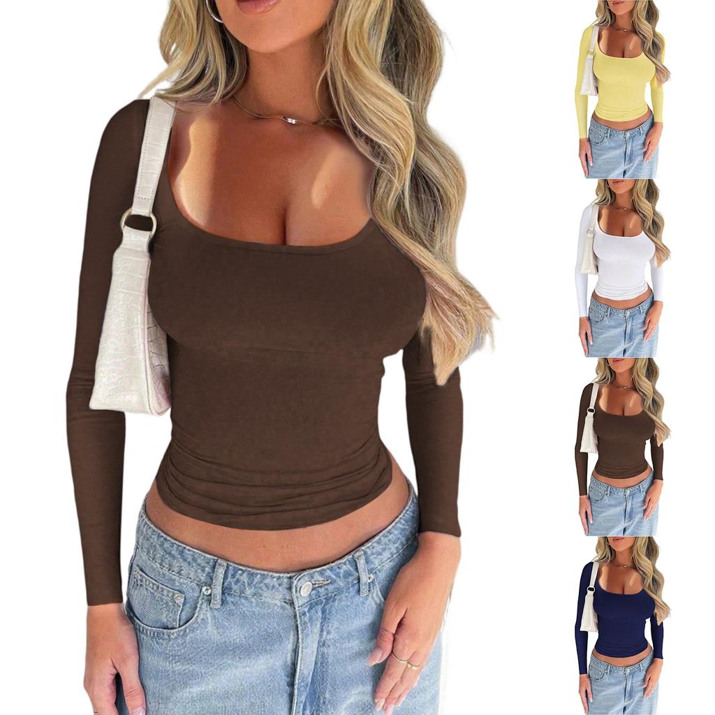 Ladies' Casual Fashion Solid Color U-neck Long Sleeved Base Shirt T-shirt Comfortable Top