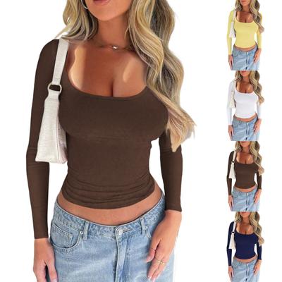 Damen Casual Mode Einfarbig U-Ausschnitt Langarm Basis T-Shirt Bequemes Oberteil