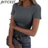 BITCED Women's Short Sleeve Stretch O-Neck Ribbed T-Shirt Fitted Casual Basic Top