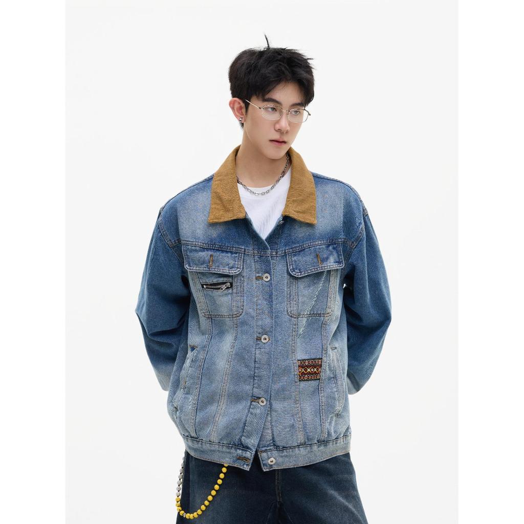 Men's Retro Denim Jacket: Spring & Autumn Casual Solid Color Lapel, Trendy and Loose Fit.