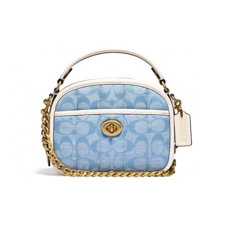 

COACH Lunchbox fragrant bud all over print linen and glove tanned leather shoulder crossbody handbag small size women s blue presbyopia синій