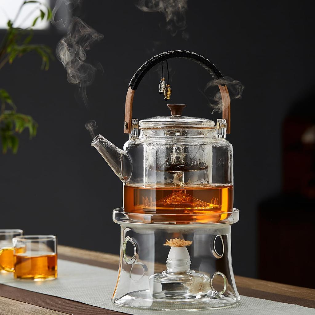 Pokaro Tea Pisces Glass Teapot, Heat-Resistant Glass, Large Capacity (1020ml), Suitable for Steaming and Boiling Tea, Includes a Dual-Use Glass Tea