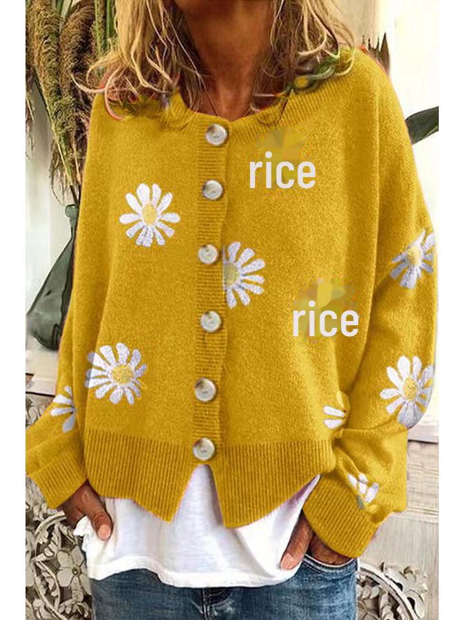 

Женский вязаный кардиган с вышитыми хризантемами осень-зима - повседневный, простой, модный, элегантный свитер L закат/жёлтый