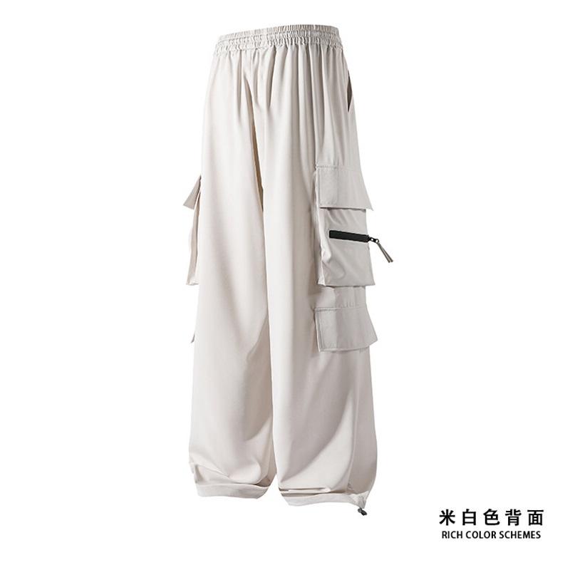 High Quality Ice Silk Waterproof Zipper Multi Pockets Casual Pants Men Solid Straight Elastic Waist Trousers Loose Cargo Pants