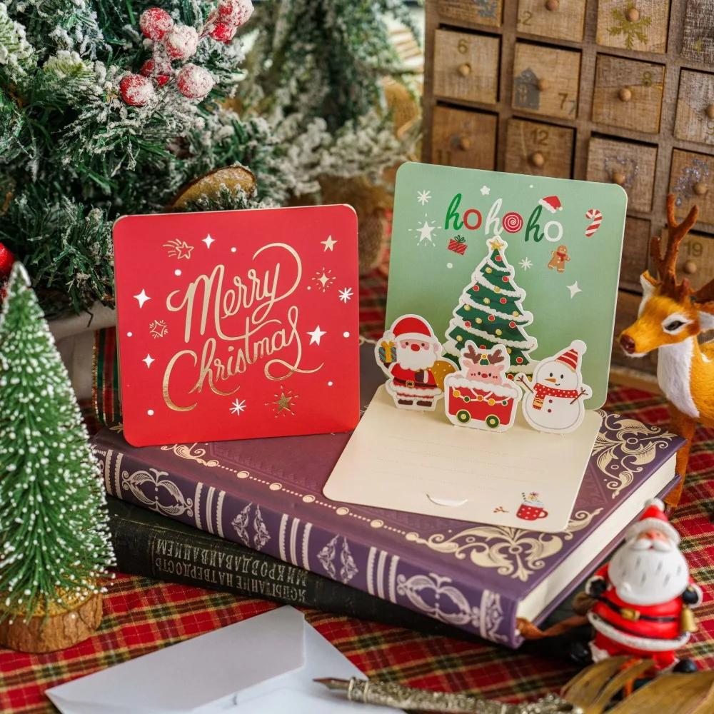 Merry Christmas Fold Small Greeting Cards with Envelopes Xmas Postcard Navidad New Year 2025 DIY Gift Card Decoration Noel