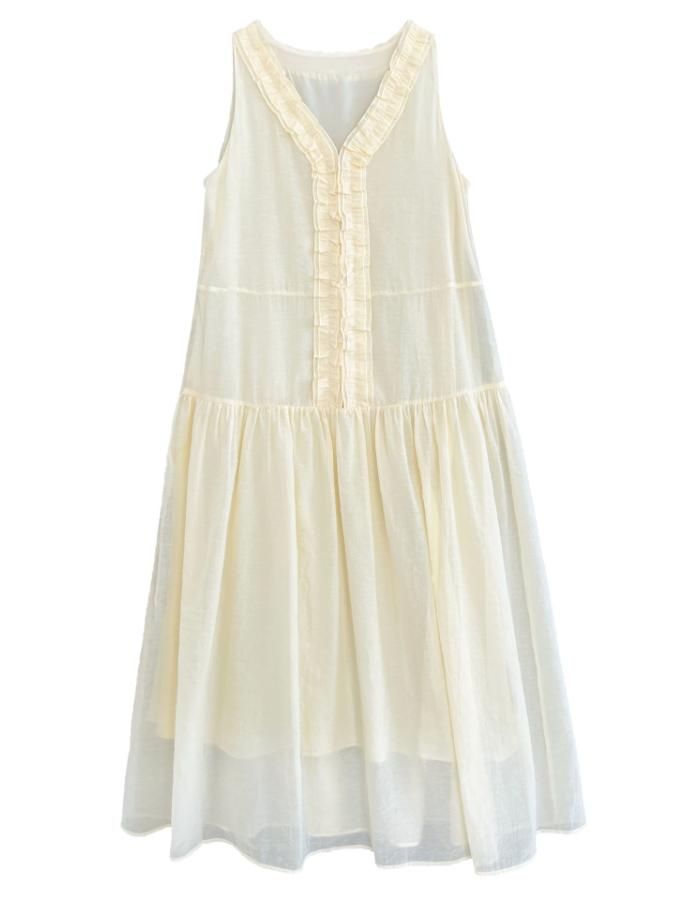 Johnature French Clear Fungus Edge A-line Korean Casual Loose Dresses Women Summer Sweet V-neck Sleeveless Dress