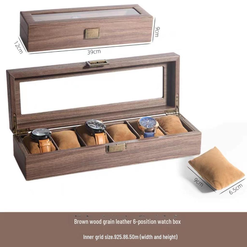 Dustproof Wood Grain Leather Jewelry Watch Box with Glass Display Top