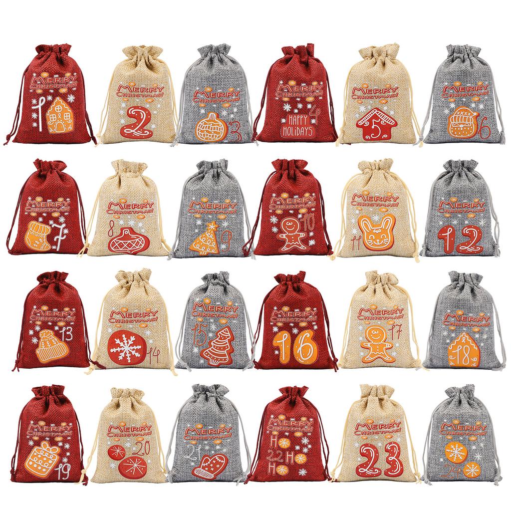 Conjunto de 24 Sacos de Presente de Natal 24 Calendário de Chegada Saco de Cordão de Doces de Natal Saco de Cordão de Linho de Natal