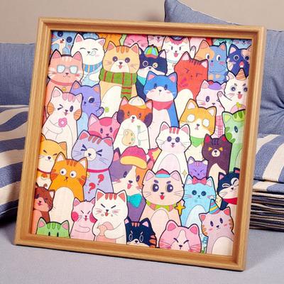 Wooden Cat Coloring Puzzle Kit with Marker Pens Glue DIY Hand-Painted 3D Irregular Cartoon Kitten Puzzle Photo Frame Decoration Ornament