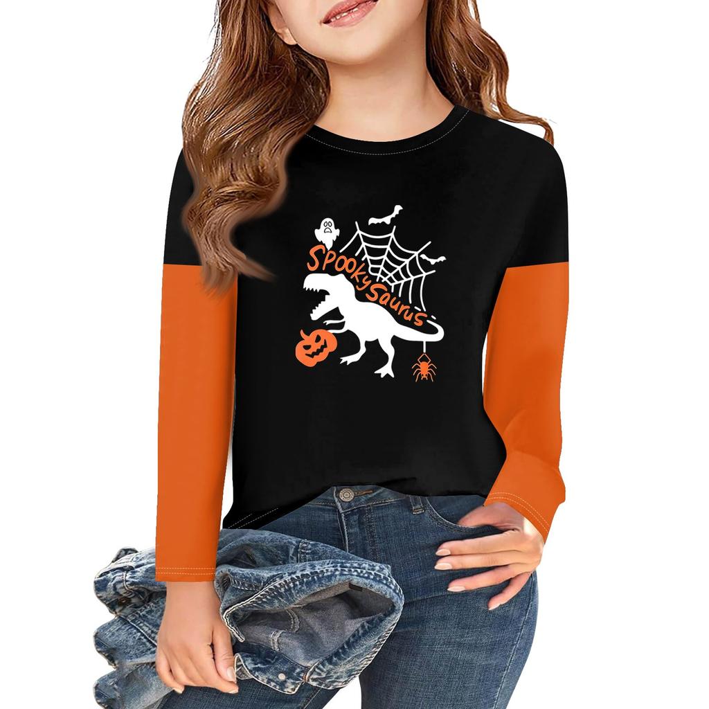 Jenter Langermet Halloween Dag T-skjorter Barn Høst Topper Rund hals Basic T-skjorter 2-11Å