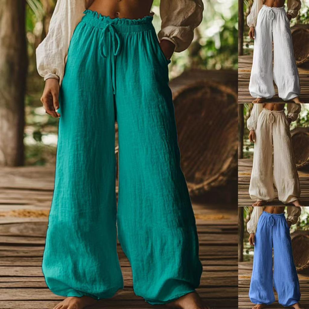 Women's High Waist Drawstring Wide Leg Pants Loose Fit Casual Trousers Multi Colors
